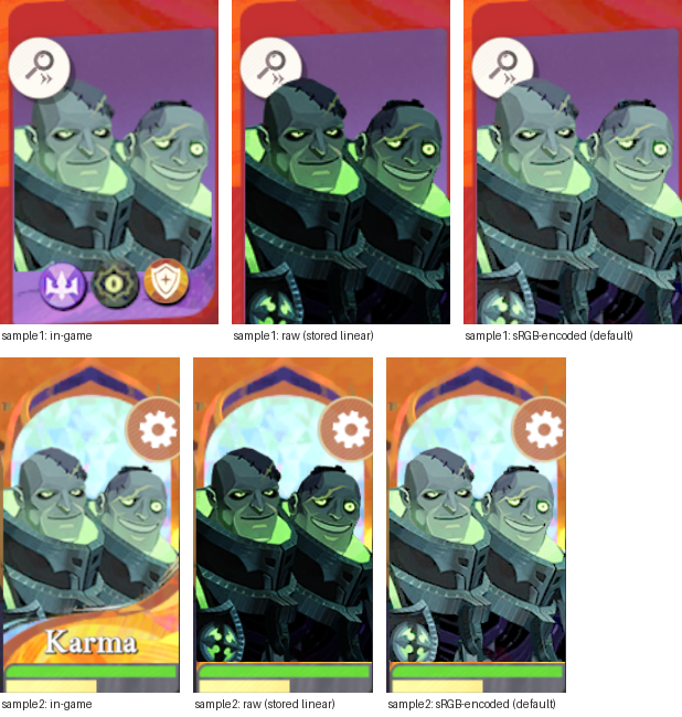 Each screenshot beside the same crop with the parser's raw and sRGB-encoded portrait pasted in at the fitted position; the sRGB version blends into the game's frame, the raw one is visibly darker